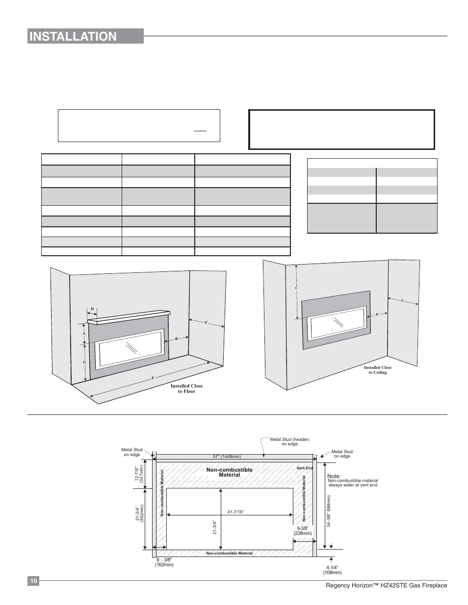 Installation, Clearances, Non-combustible requirements | Regency Horizon HZ42STE Medium Gas Fireplace User Manual | Page 10 / 60