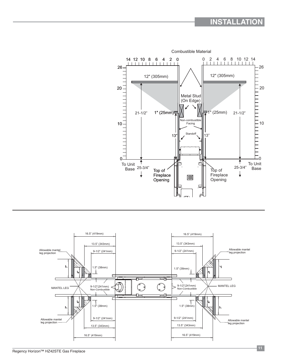 Installation, Mantel clearances, Mantel leg clearances | Regency Horizon HZ42STE Medium Gas Fireplace User Manual | Page 11 / 60