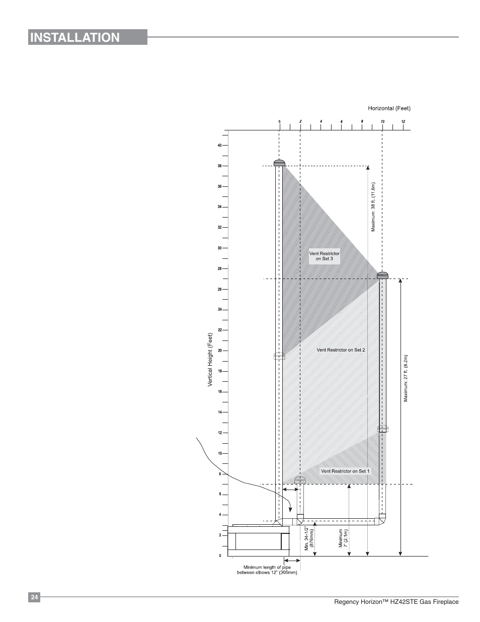 Installation, Venting arrangement for vertical terminations | Regency Horizon HZ42STE Medium Gas Fireplace User Manual | Page 24 / 60