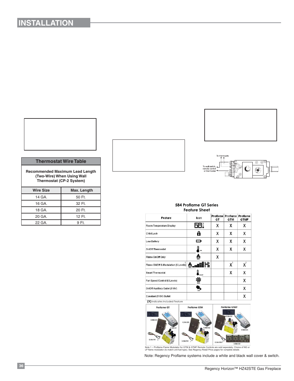 Installation, Wall switch, Optional wall thermostat | Optional remote control, Gt/gtm remote features | Regency Horizon HZ42STE Medium Gas Fireplace User Manual | Page 36 / 60