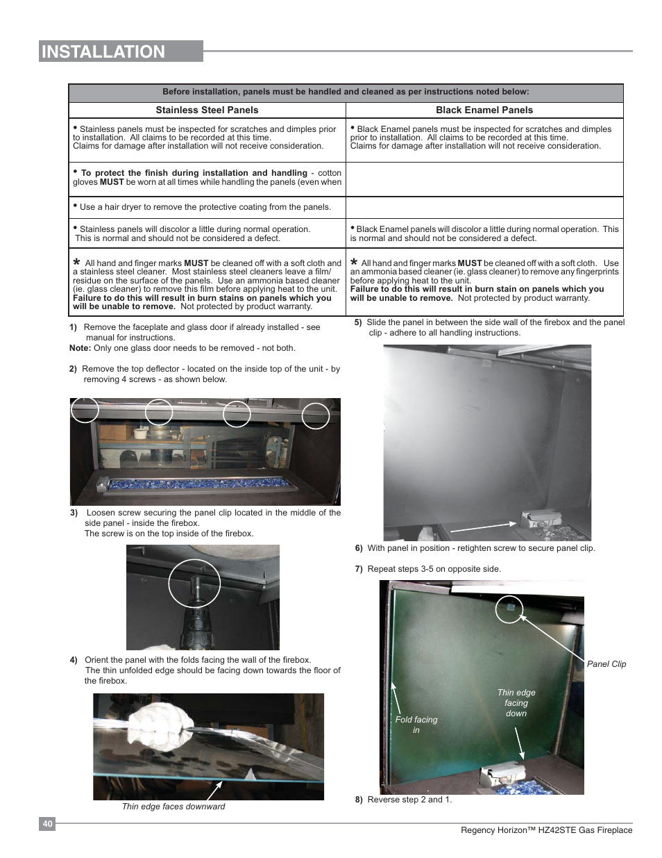 Installation, Optional reflective panel installation | Regency Horizon HZ42STE Medium Gas Fireplace User Manual | Page 40 / 60