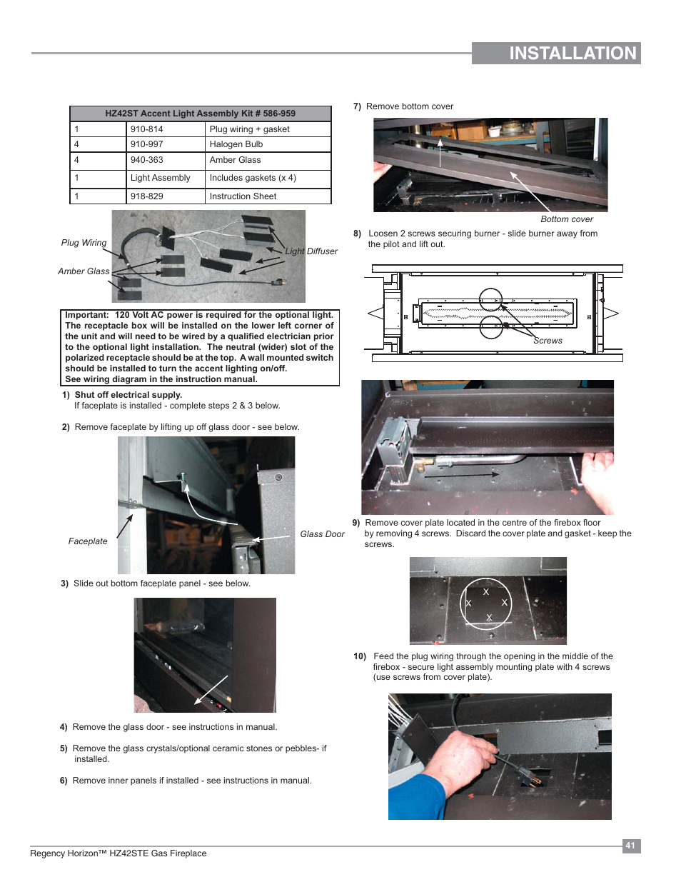 Installation, Optional light installation | Regency Horizon HZ42STE Medium Gas Fireplace User Manual | Page 41 / 60