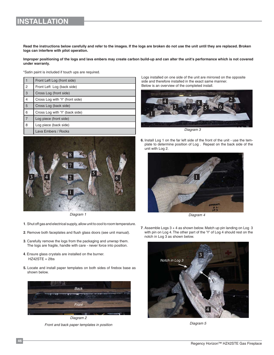 Installation, Optional log set installation | Regency Horizon HZ42STE Medium Gas Fireplace User Manual | Page 46 / 60