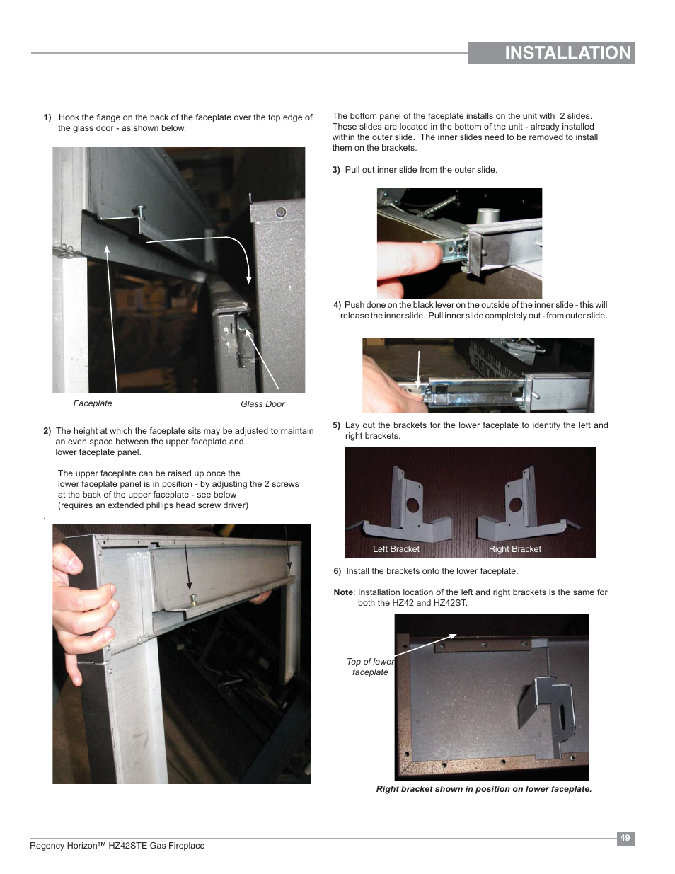 Installation, Faceplate installation | Regency Horizon HZ42STE Medium Gas Fireplace User Manual | Page 49 / 60