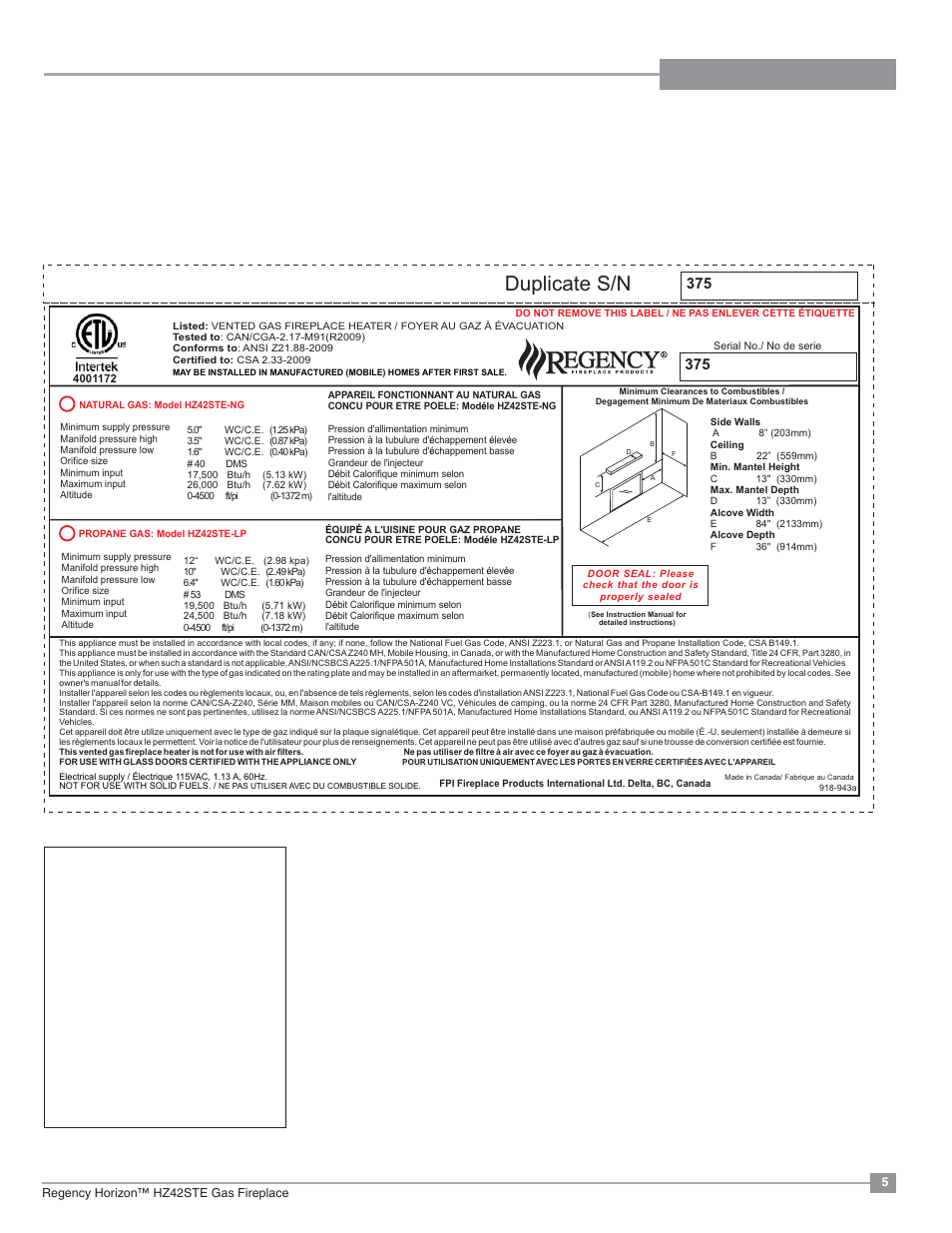 Safety label, Duplicate s/n | Regency Horizon HZ42STE Medium Gas Fireplace User Manual | Page 5 / 60