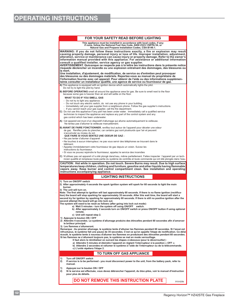 Operating instructions, Copy of lighting plate instructions, Do not remove this instruction plate | Regency Horizon HZ42STE Medium Gas Fireplace User Manual | Page 52 / 60