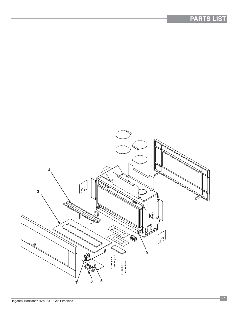 Parts list, Main assembly | Regency Horizon HZ42STE Medium Gas Fireplace User Manual | Page 57 / 60