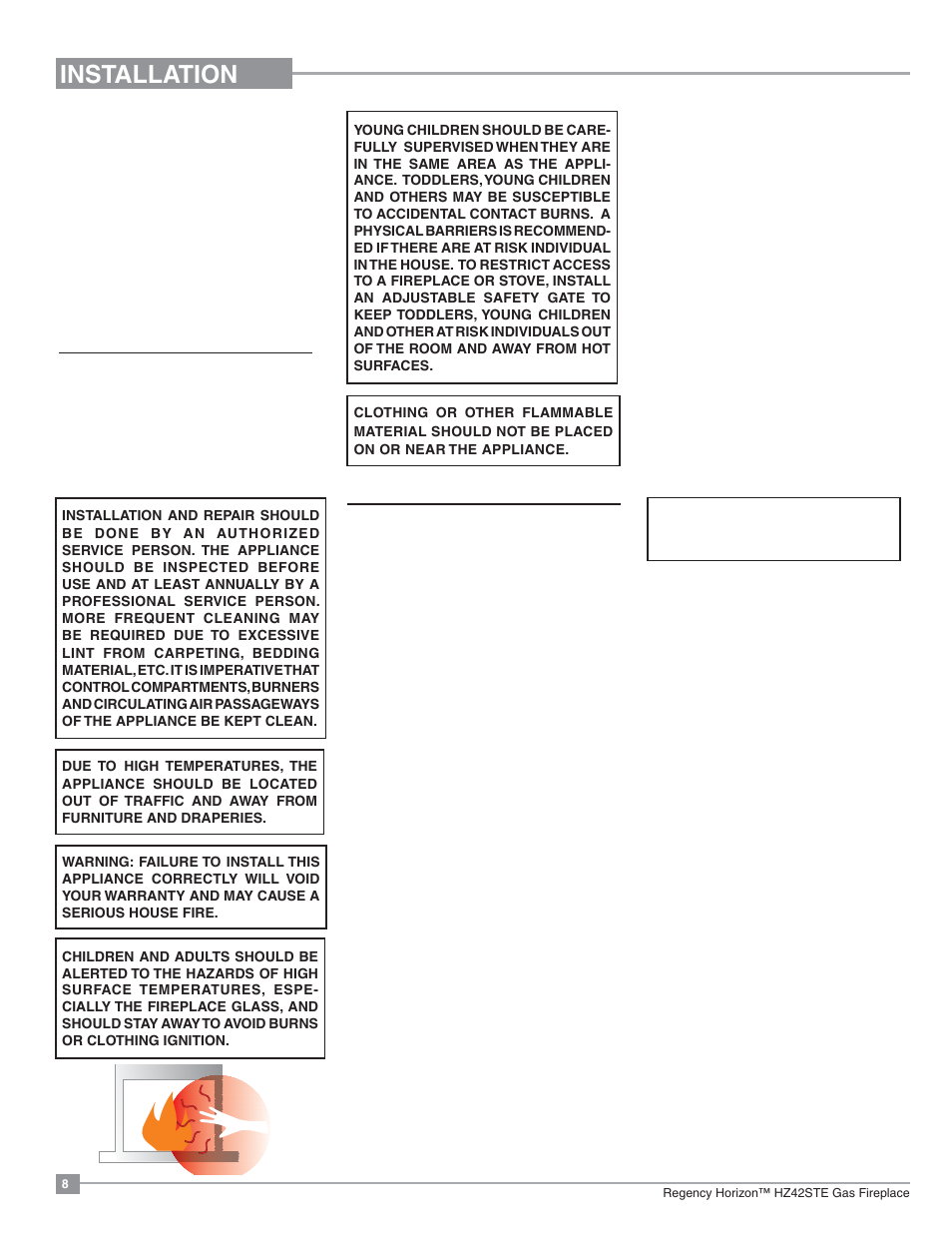 Installation, Important message save these instructions, Before you start | General safety information | Regency Horizon HZ42STE Medium Gas Fireplace User Manual | Page 8 / 60