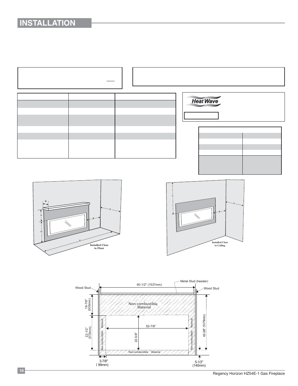 Installation, Clearances, Non-combustible requirements | Regency Horizon HZ54E Large Gas Fireplace User Manual | Page 10 / 68