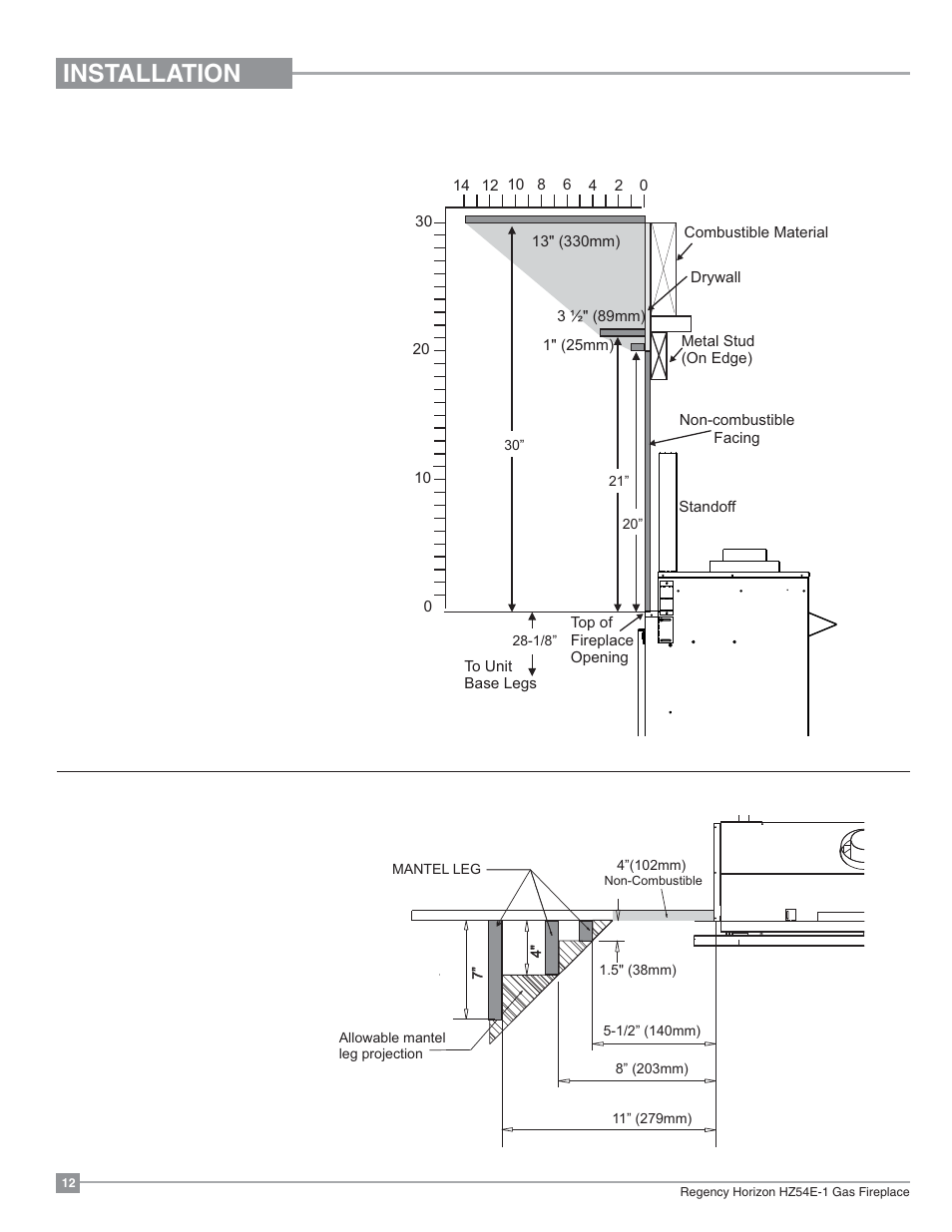 Installation, Mantel clearances, Mantel leg clearances | Regency Horizon HZ54E Large Gas Fireplace User Manual | Page 12 / 68