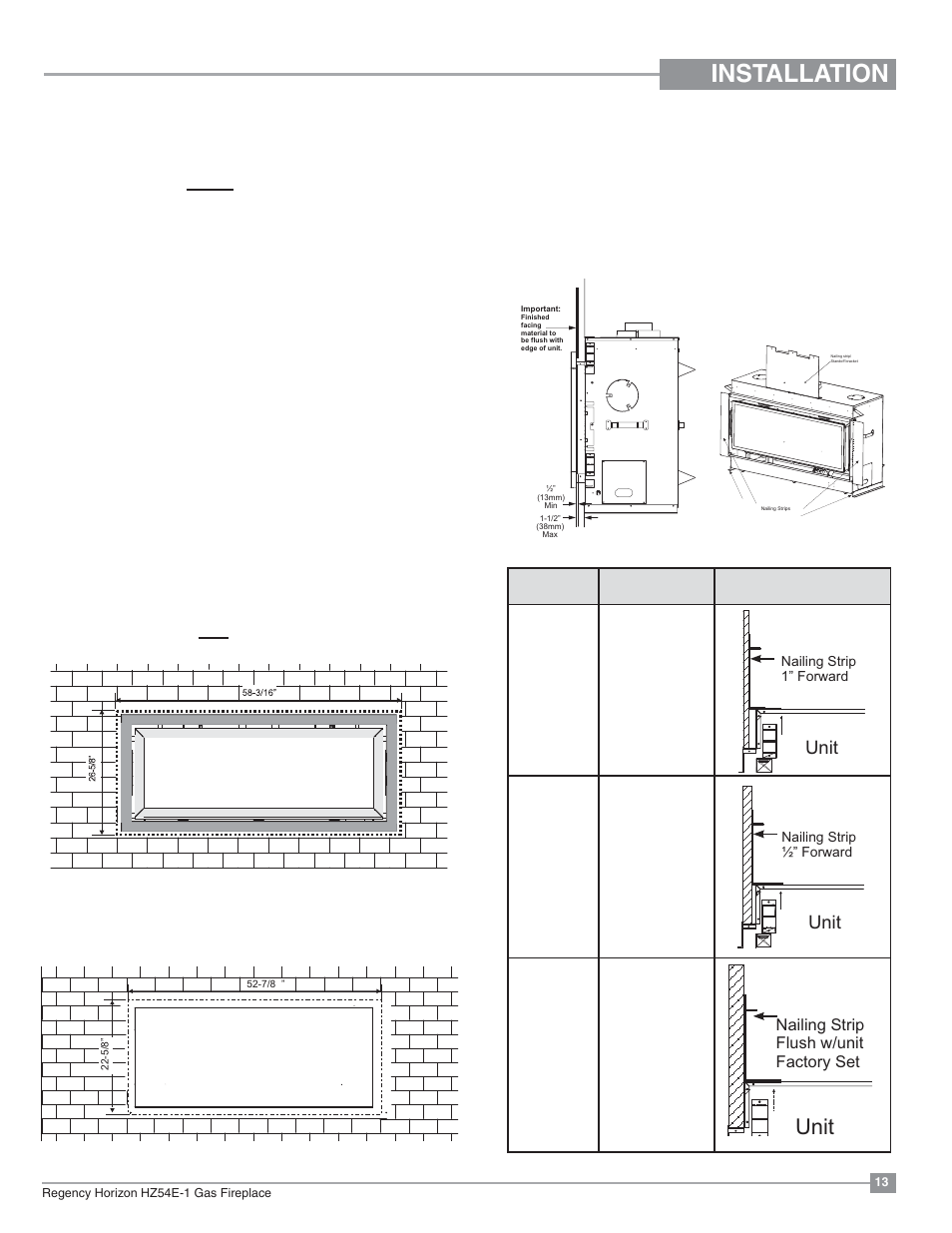 Installation, Framing & finishing, Unit | Nailing strip flush w/unit factory set | Regency Horizon HZ54E Large Gas Fireplace User Manual | Page 13 / 68