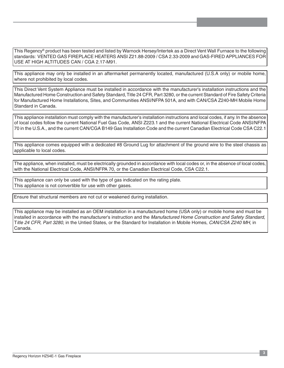 Regency Horizon HZ54E Large Gas Fireplace User Manual | Page 3 / 68