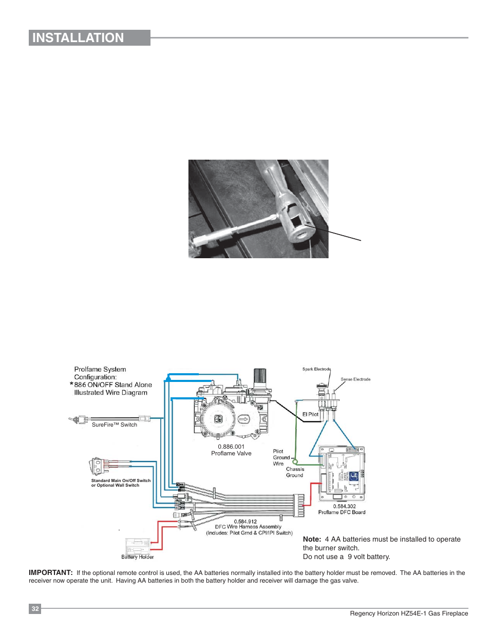 Installation, Aeration adjustment, Wiring diagram | Regency Horizon HZ54E Large Gas Fireplace User Manual | Page 32 / 68