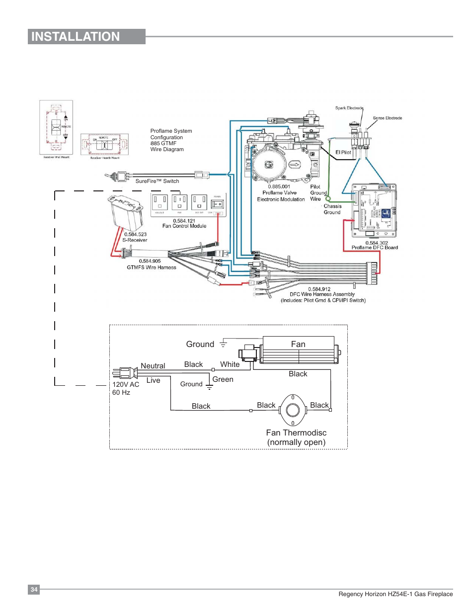 Installation, Proflame system gtmf with optional fan | Regency Horizon HZ54E Large Gas Fireplace User Manual | Page 34 / 68