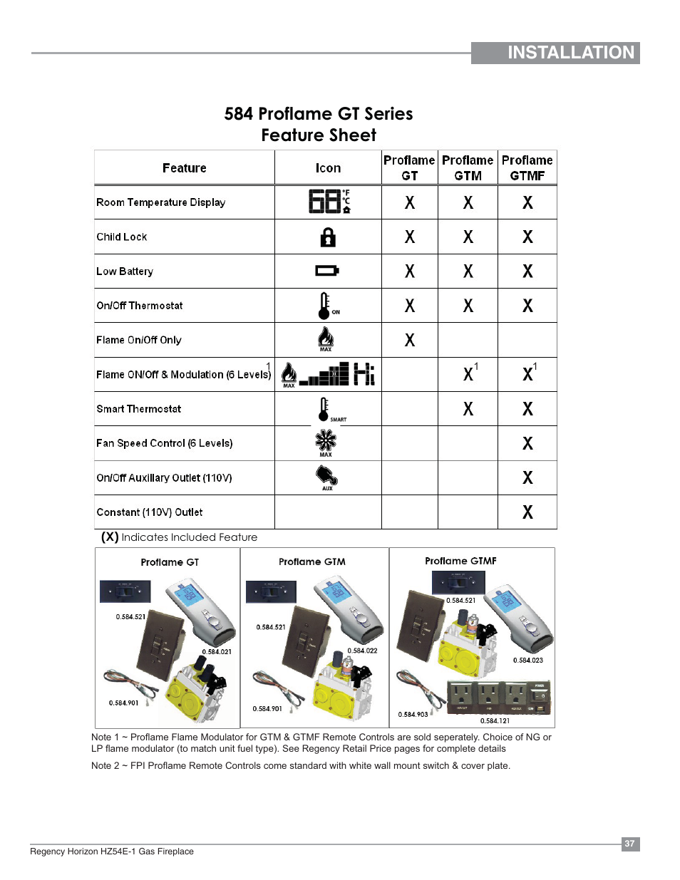 Installation 584 proflame gt series feature sheet | Regency Horizon HZ54E Large Gas Fireplace User Manual | Page 37 / 68