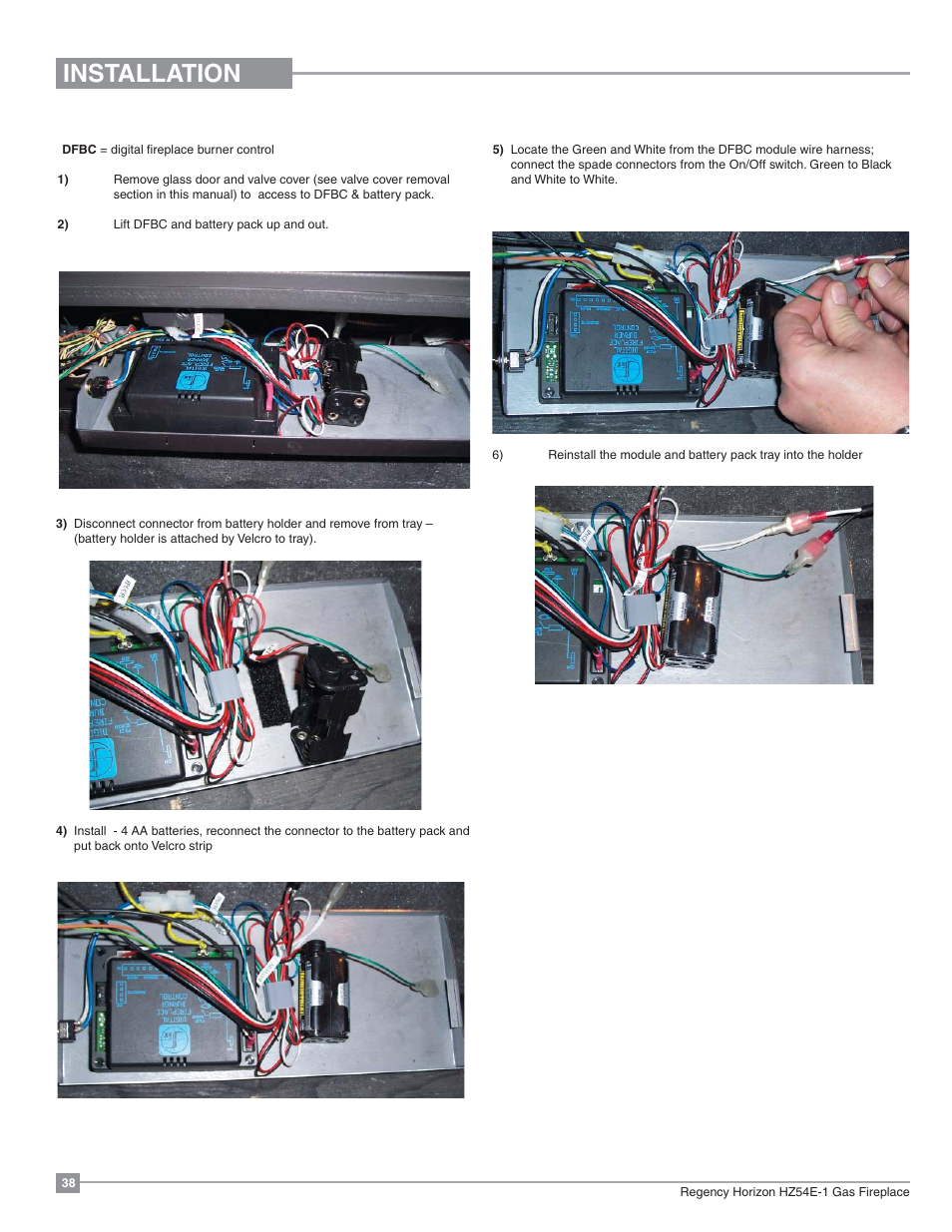 Installation, Battery & on | off switch installation | Regency Horizon HZ54E Large Gas Fireplace User Manual | Page 38 / 68