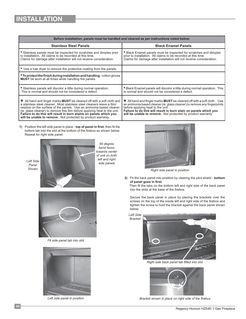 Installation, Optional reflective panel installation | Regency Horizon HZ54E Large Gas Fireplace User Manual | Page 44 / 68