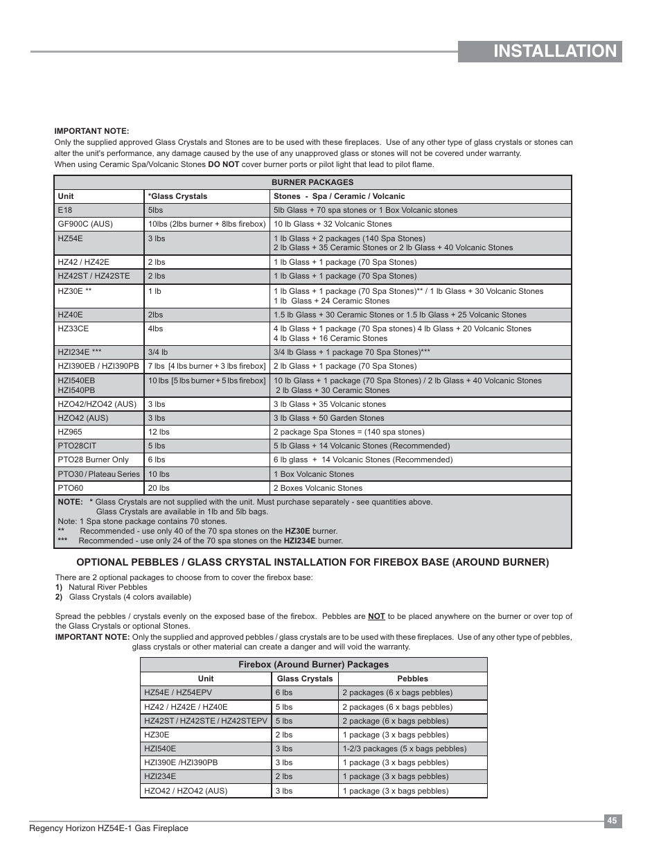Installation | Regency Horizon HZ54E Large Gas Fireplace User Manual | Page 45 / 68