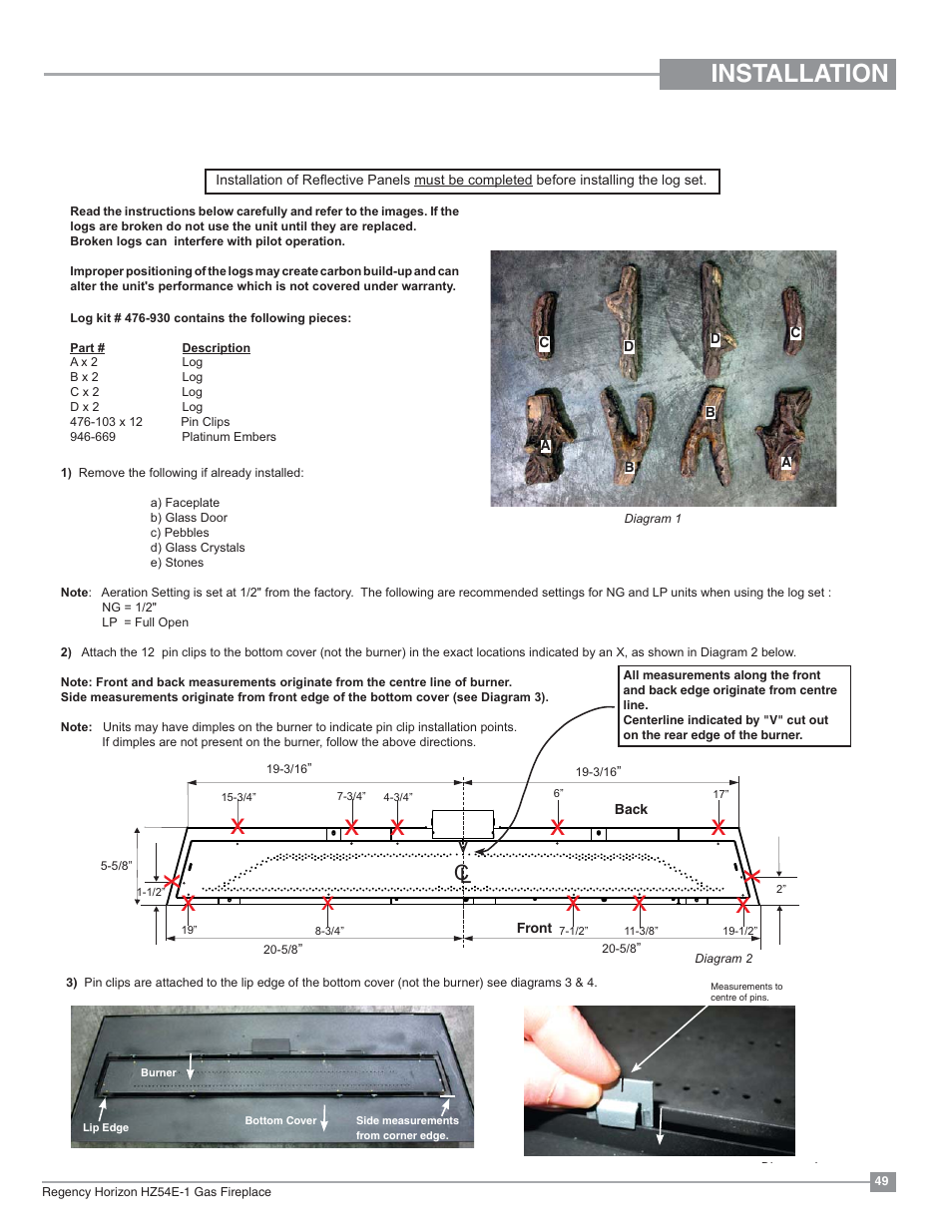 Installation, Optional log set installation | Regency Horizon HZ54E Large Gas Fireplace User Manual | Page 49 / 68