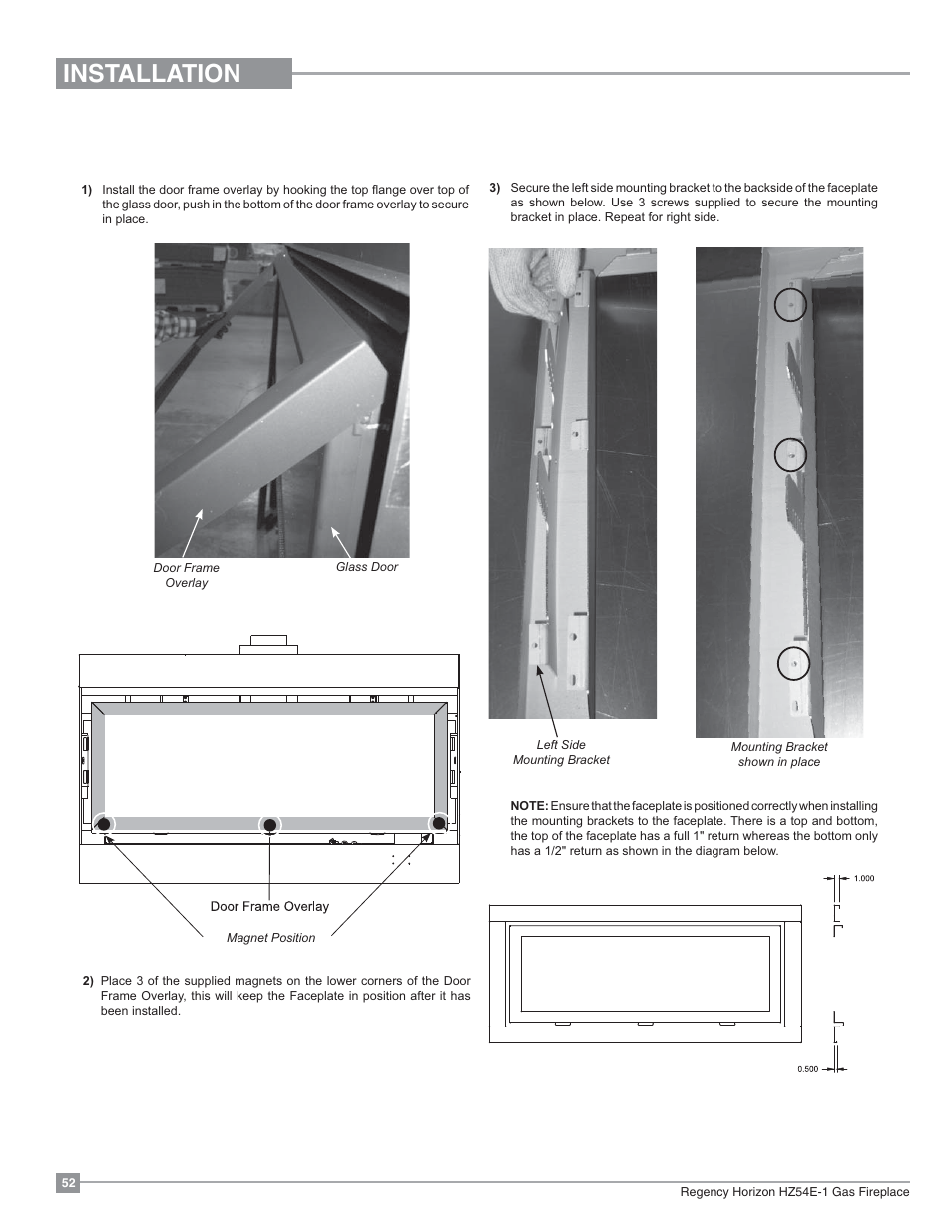 Installation, Faceplate & door frame overlay installation | Regency Horizon HZ54E Large Gas Fireplace User Manual | Page 52 / 68