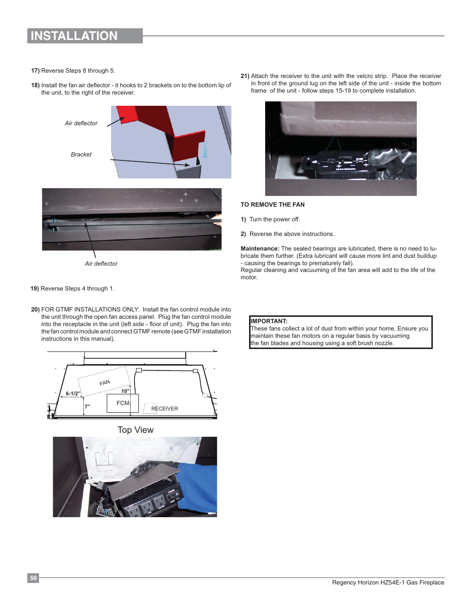 Installation, Top view | Regency Horizon HZ54E Large Gas Fireplace User Manual | Page 56 / 68