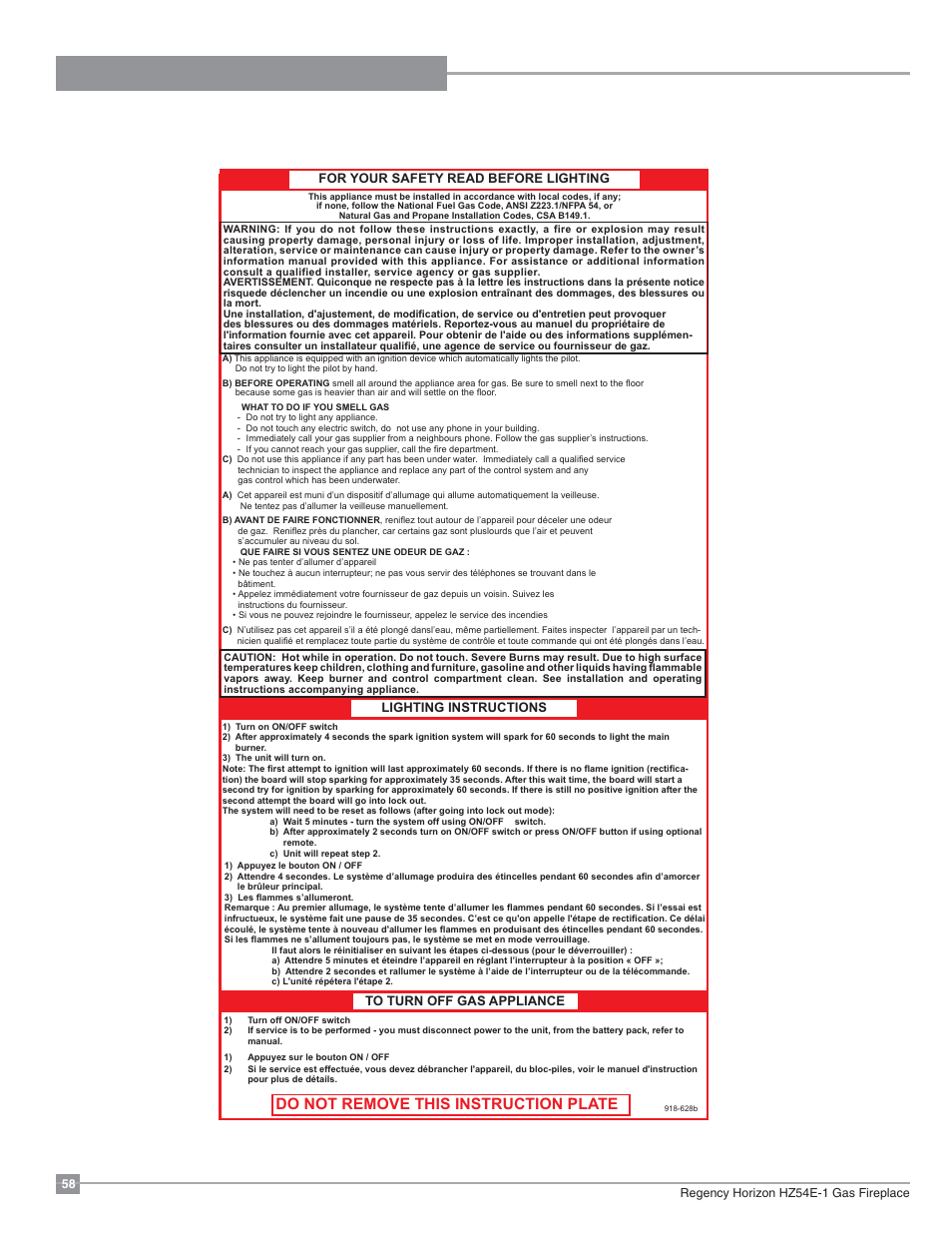 Operating instructions, Copy of lighting plate instructions, Do not remove this instruction plate | Regency Horizon HZ54E Large Gas Fireplace User Manual | Page 58 / 68