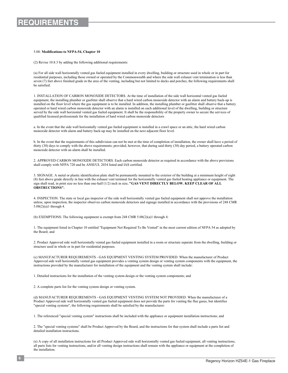 Requirements, Ma code - co detector | Regency Horizon HZ54E Large Gas Fireplace User Manual | Page 6 / 68