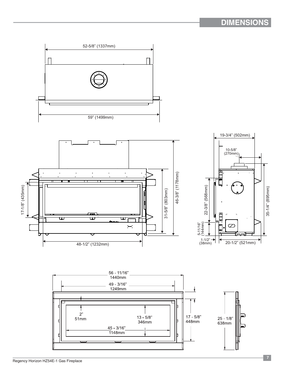 Dimensions | Regency Horizon HZ54E Large Gas Fireplace User Manual | Page 7 / 68