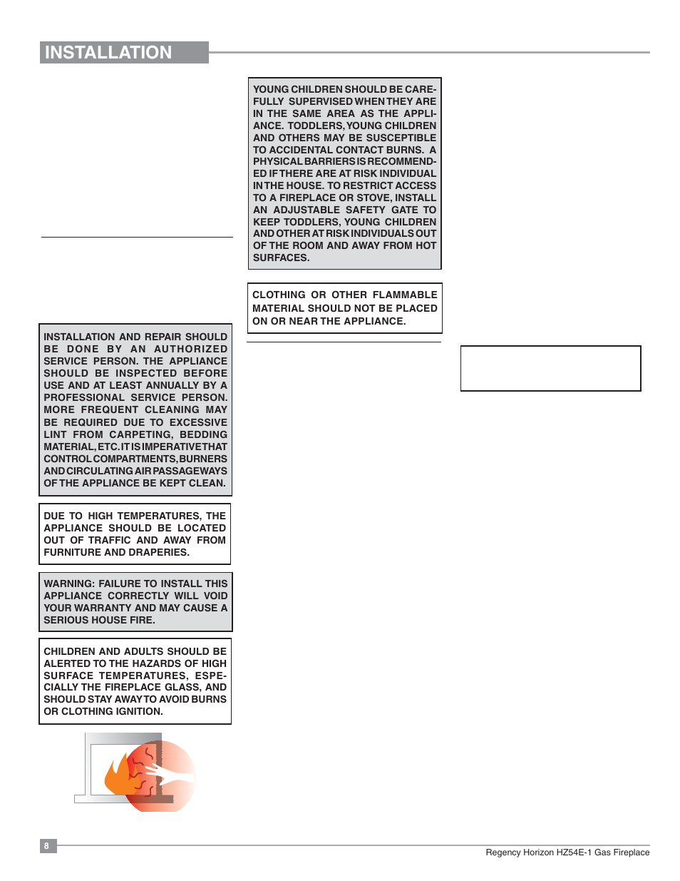 Installation, Important message save these instructions, Before you start | General safety information | Regency Horizon HZ54E Large Gas Fireplace User Manual | Page 8 / 68