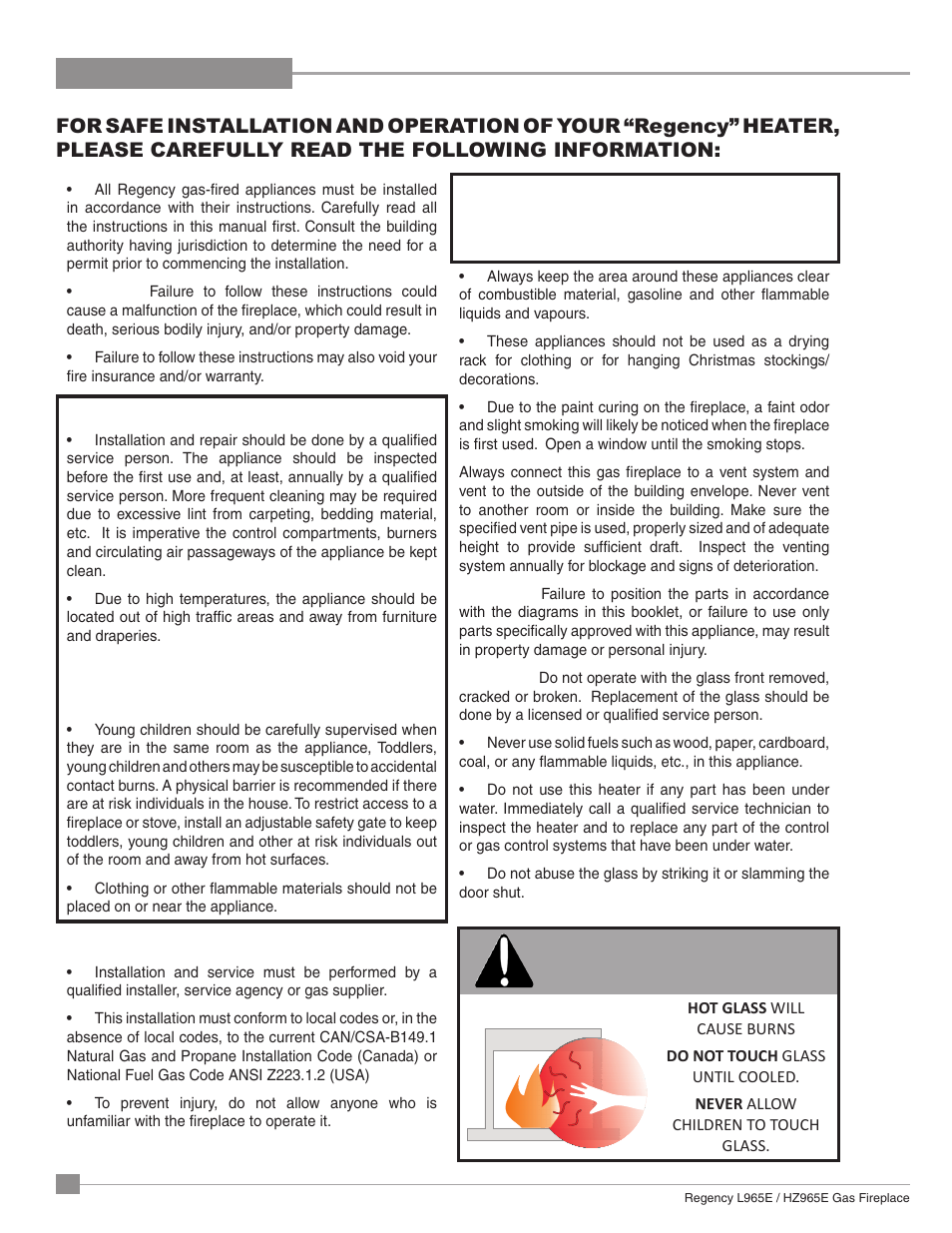Warning, Safety | Regency Liberty L965E Large Gas Fireplace User Manual | Page 2 / 68