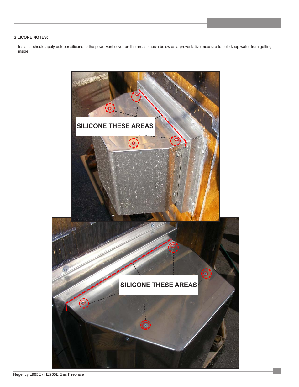 Installation, Silicone these areas | Regency Liberty L965E Large Gas Fireplace User Manual | Page 35 / 68