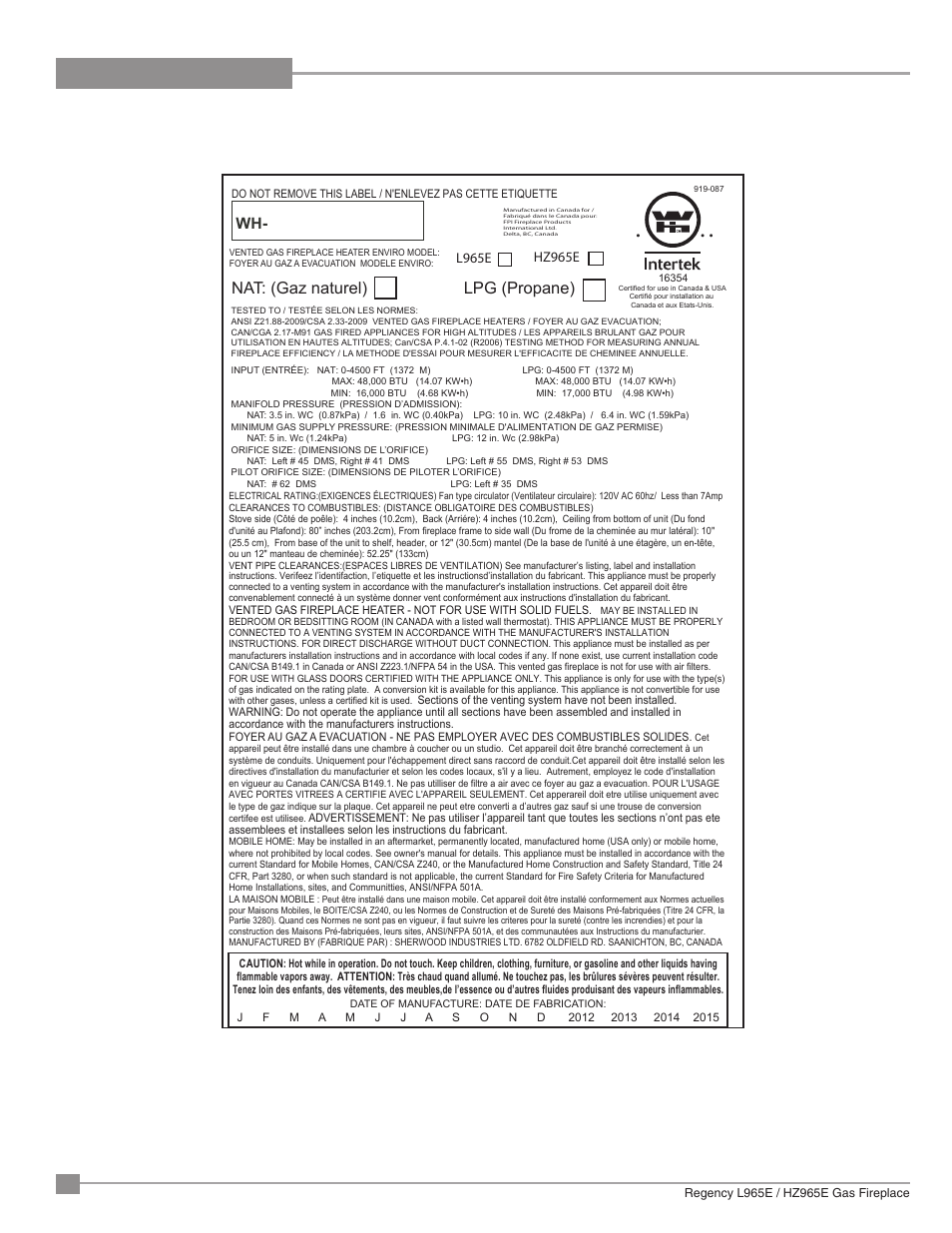 Safety label, Nat: (gaz naturel) lpg (propane), Copy of the safety label | Regency Liberty L965E Large Gas Fireplace User Manual | Page 6 / 68