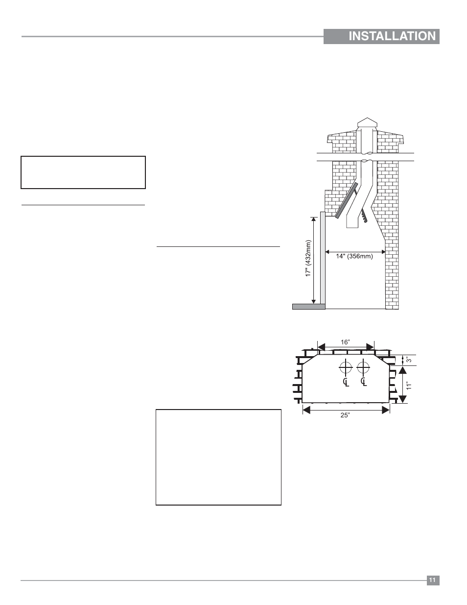 Installation, Installation checklist, Materials required | Minimum fireplace opening, Cl cl | Regency Horizon HZI234E Small Gas Insert User Manual | Page 11 / 52