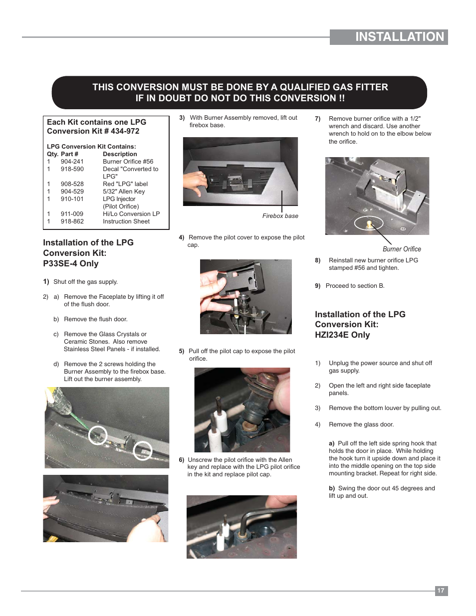 Installation, Conversion from ng to lp | Regency Horizon HZI234E Small Gas Insert User Manual | Page 17 / 52