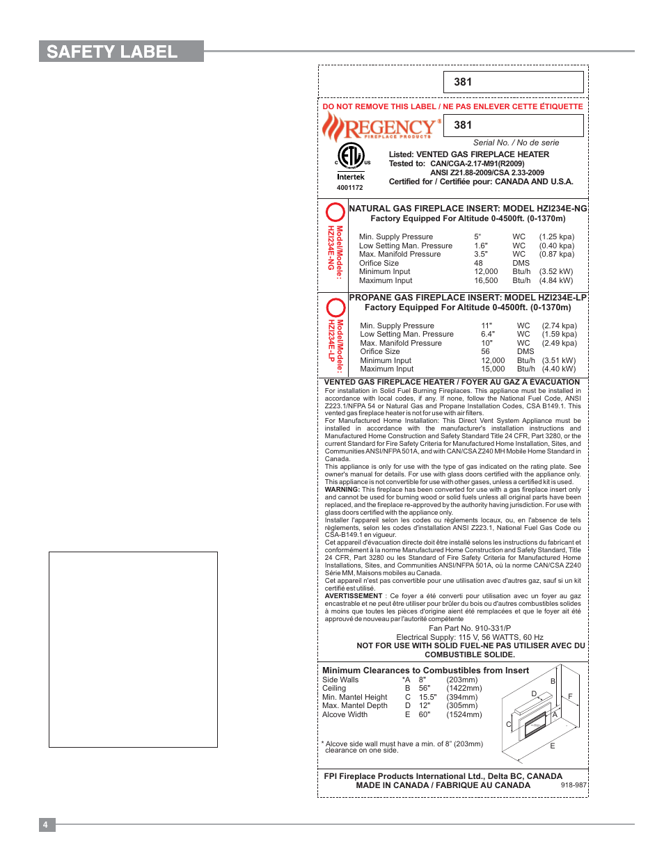 Safety label | Regency Horizon HZI234E Small Gas Insert User Manual | Page 4 / 52