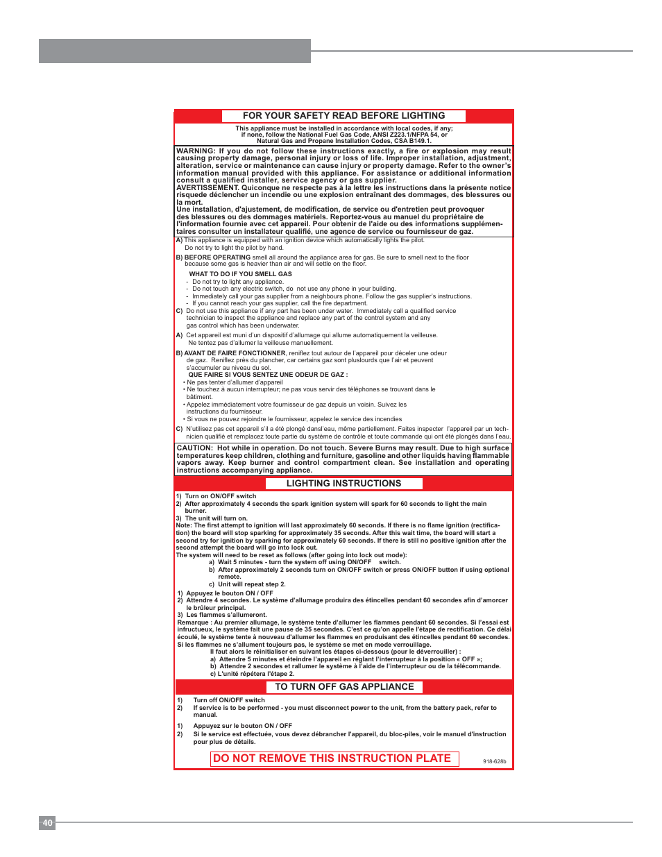 Operating instructions, Copy of lighting plate instructions, Do not remove this instruction plate | Regency Horizon HZI234E Small Gas Insert User Manual | Page 40 / 52