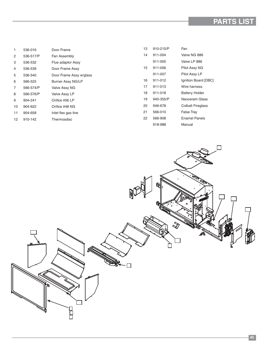 Parts list, Main assembly | Regency Horizon HZI234E Small Gas Insert User Manual | Page 45 / 52