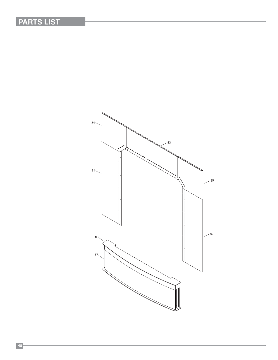 Parts list, Backing plate & hearth trim assembly | Regency Horizon HZI234E Small Gas Insert User Manual | Page 48 / 52