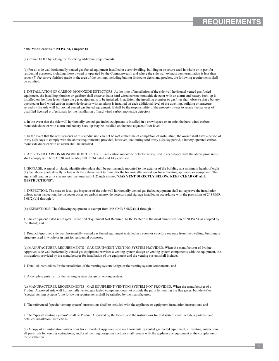 Requirements, Ma code - co detector | Regency Horizon HZI234E Small Gas Insert User Manual | Page 5 / 52