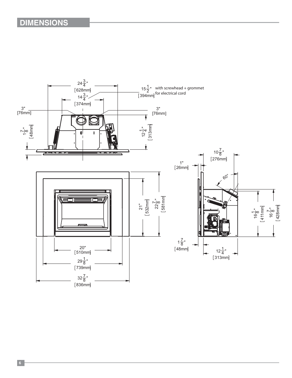 Dimensions, Dimensions w/ low profile 3 sided faceplate | Regency Horizon HZI234E Small Gas Insert User Manual | Page 6 / 52