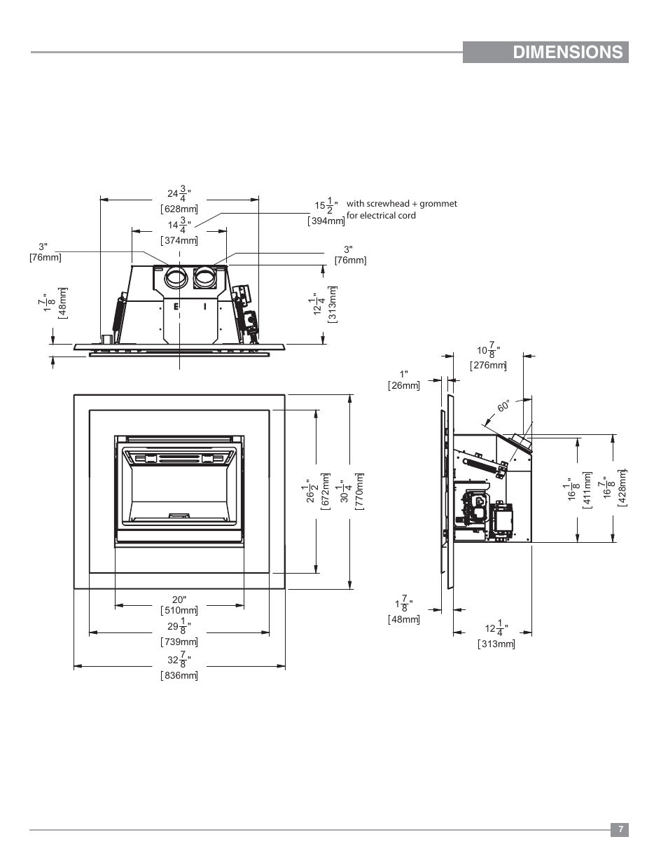 Dimensions, Dimensions w/ low profile 4 sided faceplate | Regency Horizon HZI234E Small Gas Insert User Manual | Page 7 / 52