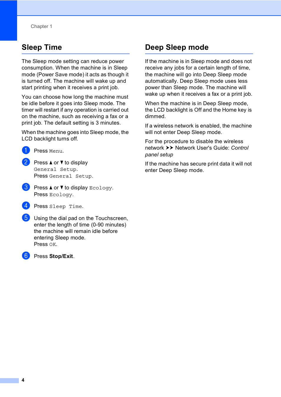 Sleep time, Deep sleep mode, Sleep time deep sleep mode | Brother iPrint&Scan MFC-8950DW User Manual | Page 10 / 94