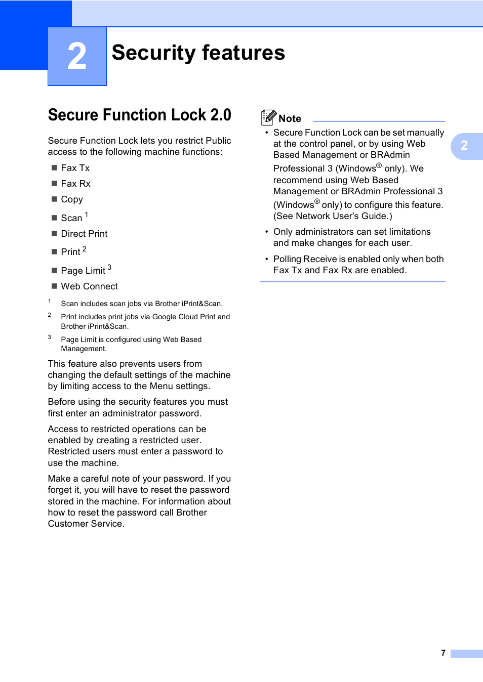 2 security features, Secure function lock 2.0, Security features | Brother iPrint&Scan MFC-8950DW User Manual | Page 13 / 94