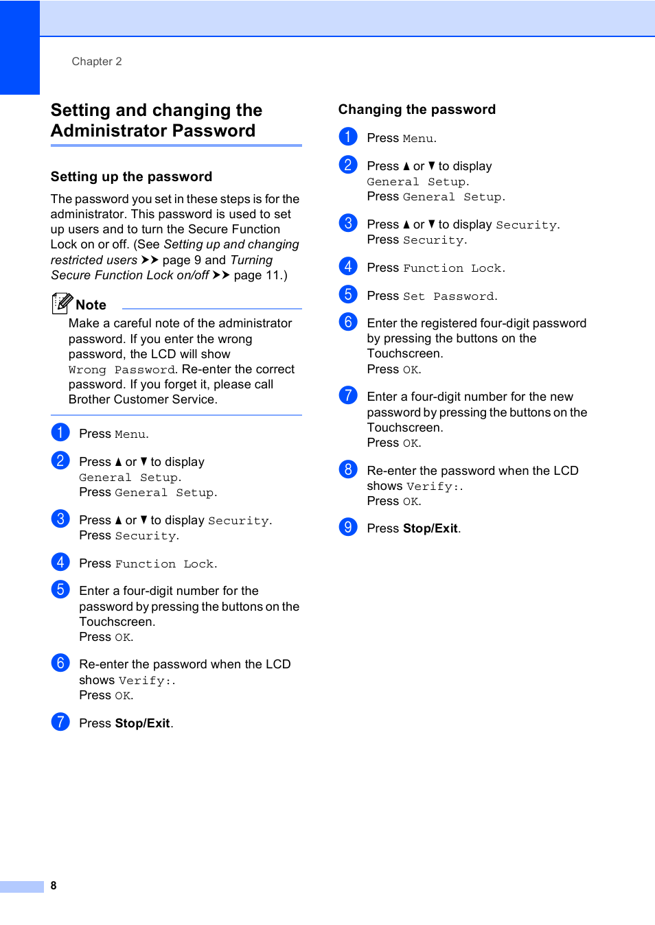 Setting and changing the administrator password, Setting up the password, Changing the password | Brother iPrint&Scan MFC-8950DW User Manual | Page 14 / 94