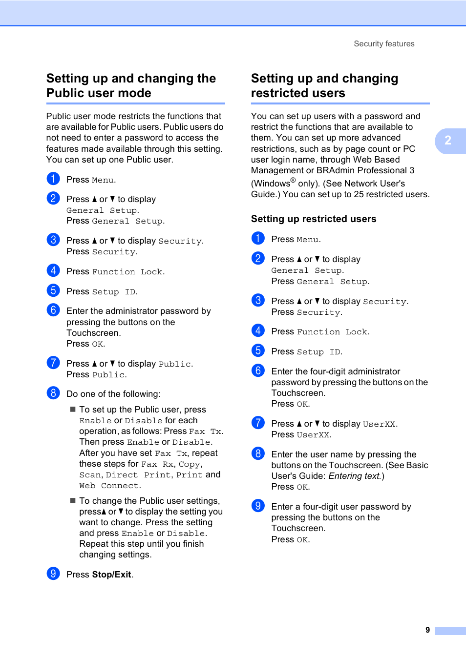 Setting up and changing the public user mode, Setting up and changing restricted users, Setting up restricted users | 2setting up and changing the public user mode | Brother iPrint&Scan MFC-8950DW User Manual | Page 15 / 94