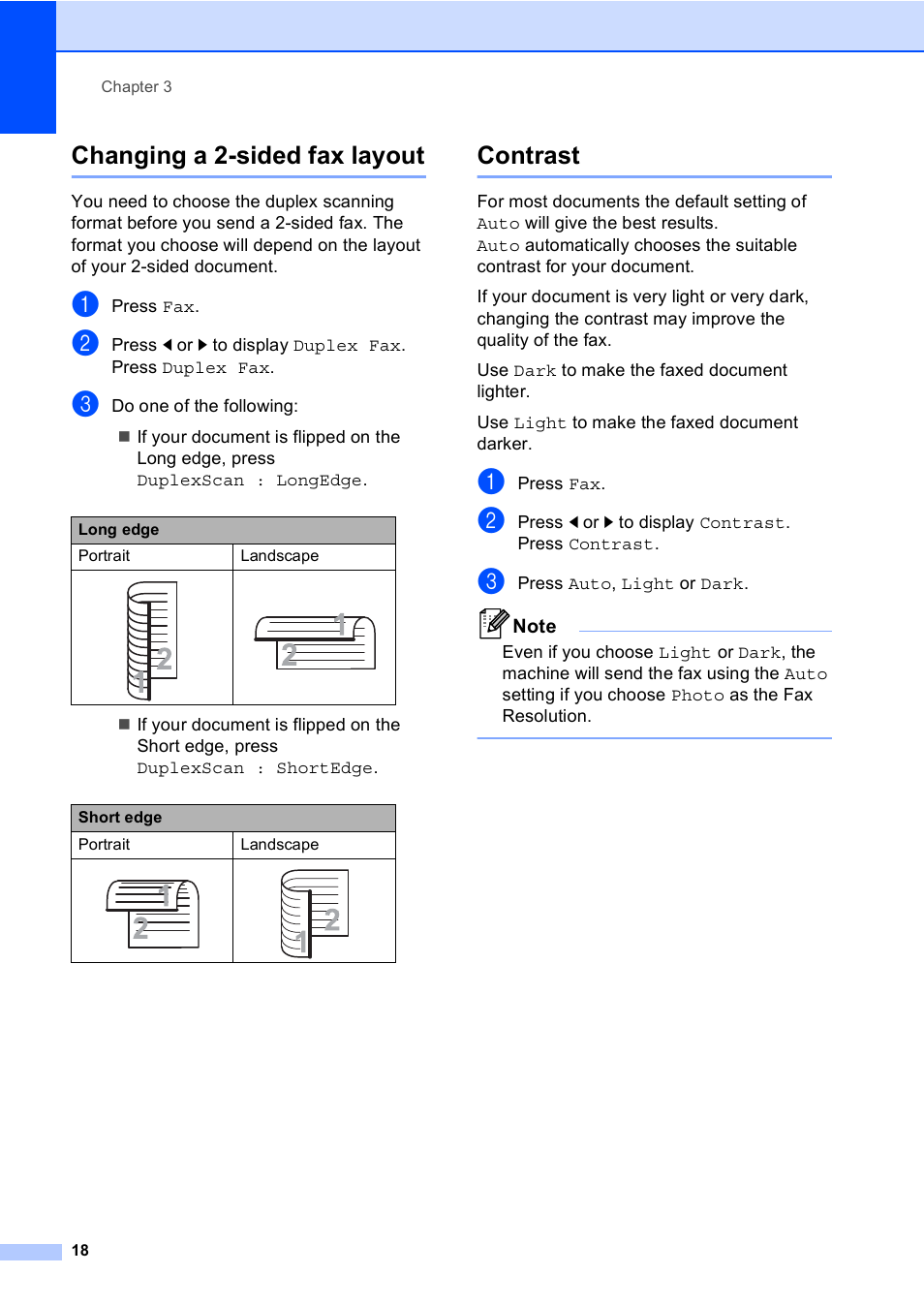 Changing a 2-sided fax layout, Contrast, Changing a 2-sided fax layout contrast | Brother iPrint&Scan MFC-8950DW User Manual | Page 24 / 94