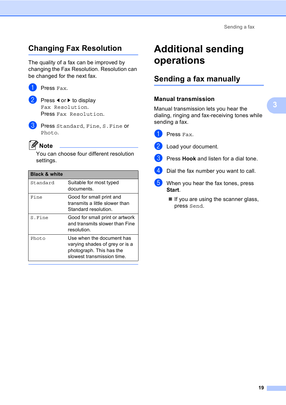 Changing fax resolution, Additional sending operations, Sending a fax manually | Manual transmission, 3changing fax resolution | Brother iPrint&Scan MFC-8950DW User Manual | Page 25 / 94