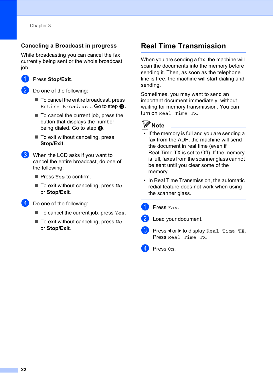 Canceling a broadcast in progress, Real time transmission | Brother iPrint&Scan MFC-8950DW User Manual | Page 28 / 94