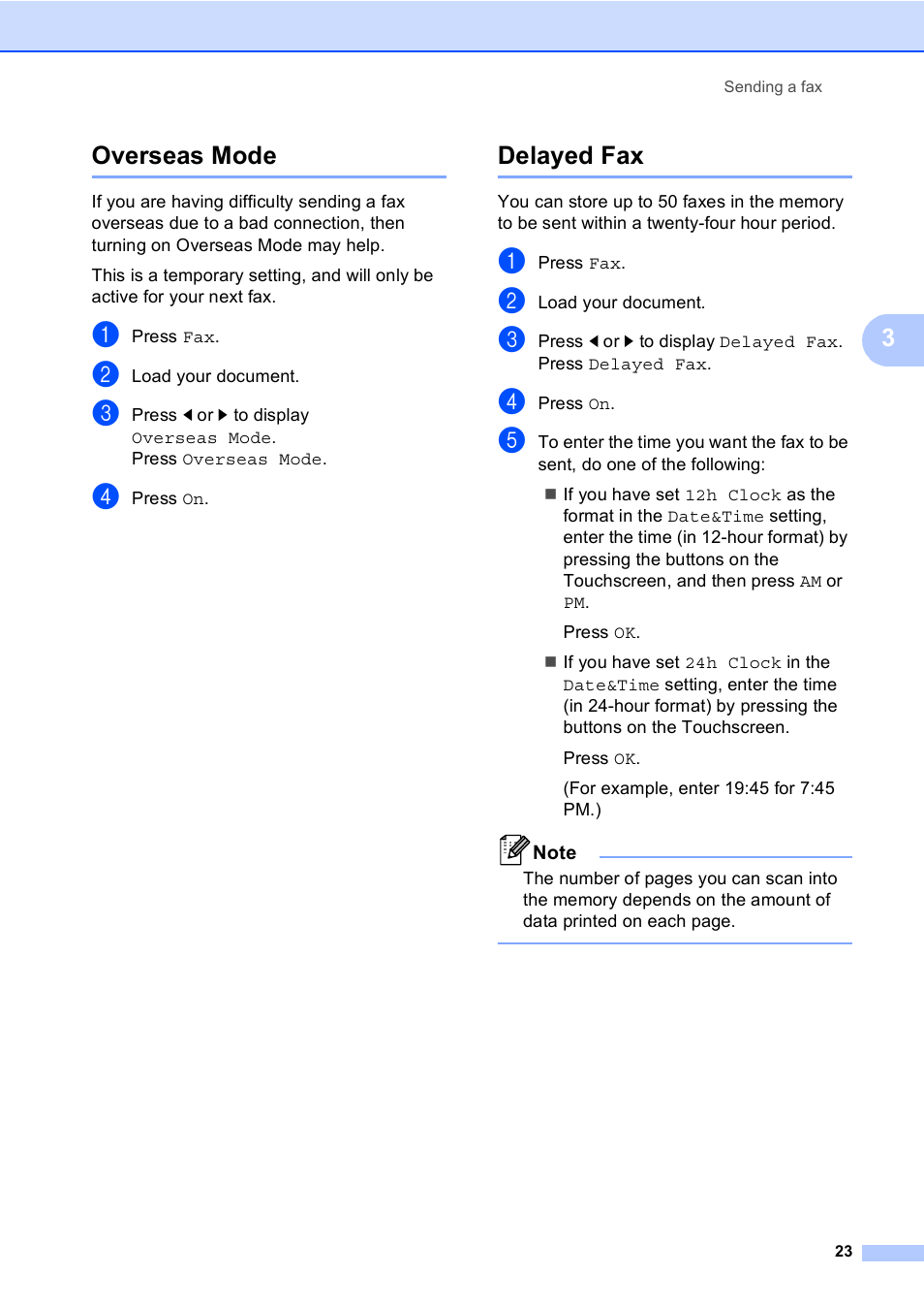 Overseas mode, Delayed fax, Overseas mode delayed fax | 3overseas mode | Brother iPrint&Scan MFC-8950DW User Manual | Page 29 / 94