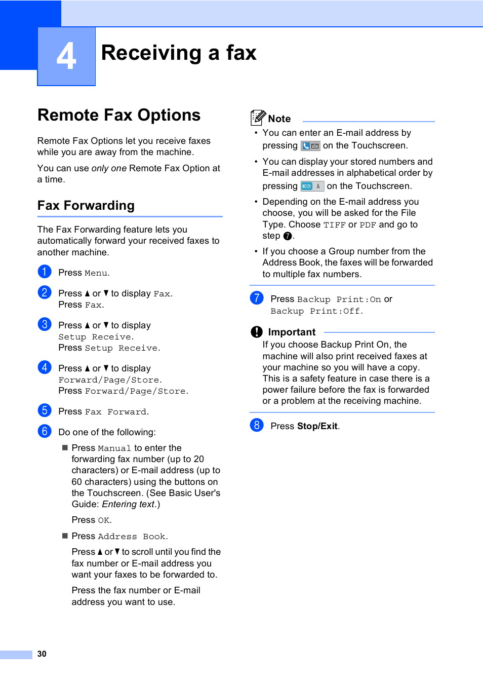 4 receiving a fax, Remote fax options, Fax forwarding | Receiving a fax | Brother iPrint&Scan MFC-8950DW User Manual | Page 36 / 94